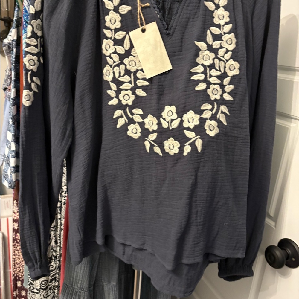 Easel Midnight Blue Floral Embroidered Blouse